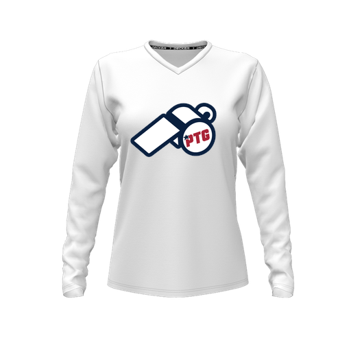 [CUS-DFW-TEES-CMF-VNK-LSL-WHT-FYXS-LOGO3] Decker Comfort T-Shirt (Female Youth XS, White, V Neck, Logo 3, Long Sleeve)