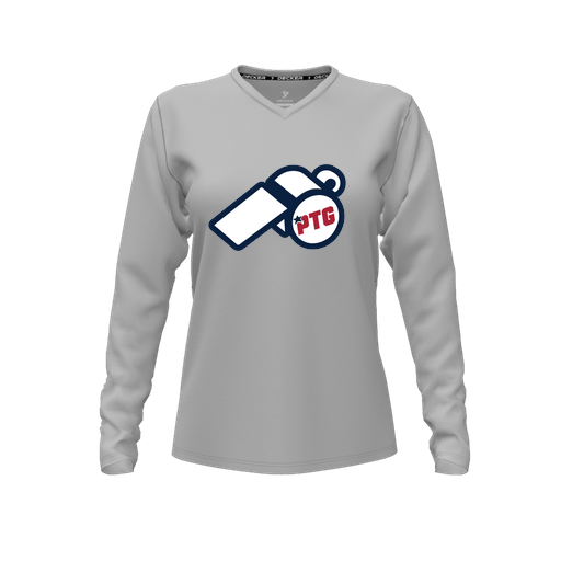 [CUS-DFW-TEES-PER-VNK-LSL-GRY-FYXS-LOGO3] Decker Performance T-Shirt (Female Youth XS, Gray, V Neck, Logo 3, Long Sleeve)